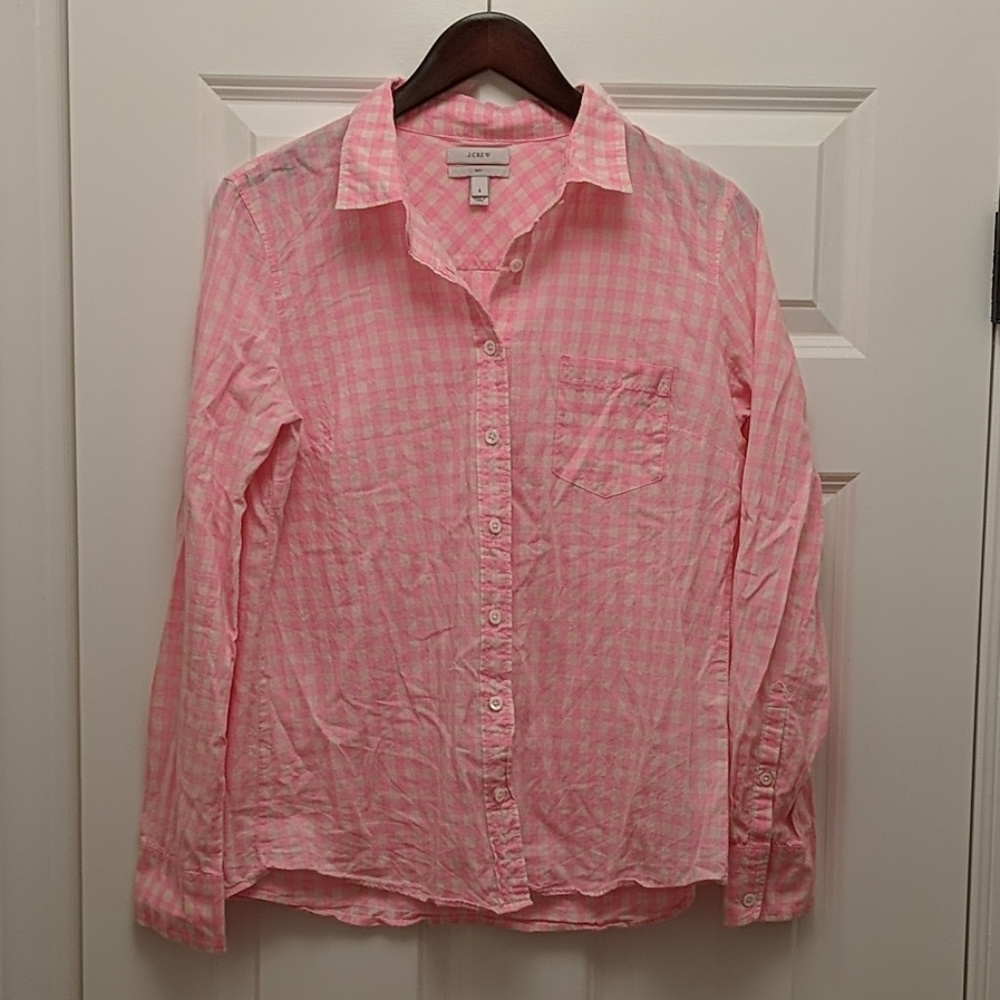 JCrew Neon Pink and White Gingham Button Up Shirt